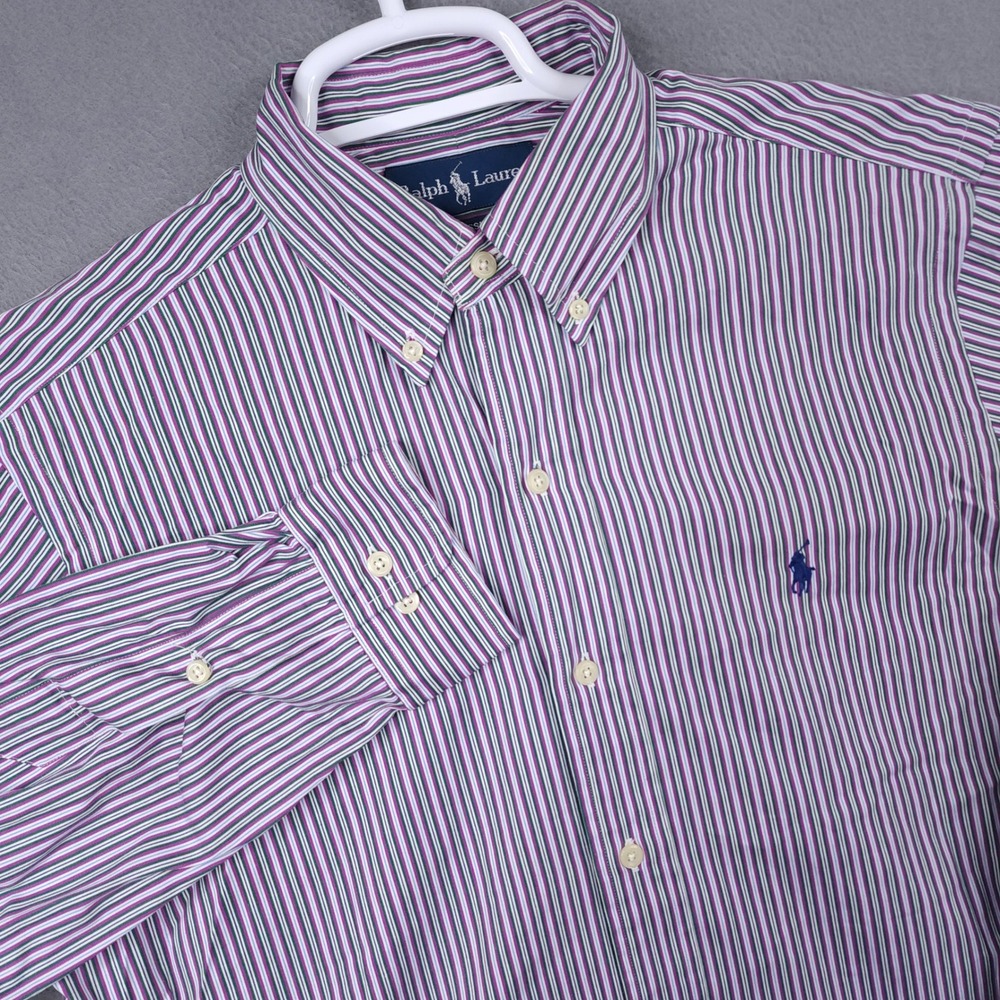 Ralph Lauren Mens Classic Fit‎ Button Shirt Purple Green Stripe Size 15 32/33
